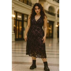 Torrid Midi Black Lace Dress Sz 12 Pink Lining Bodycon Gothic Coquette Feminine